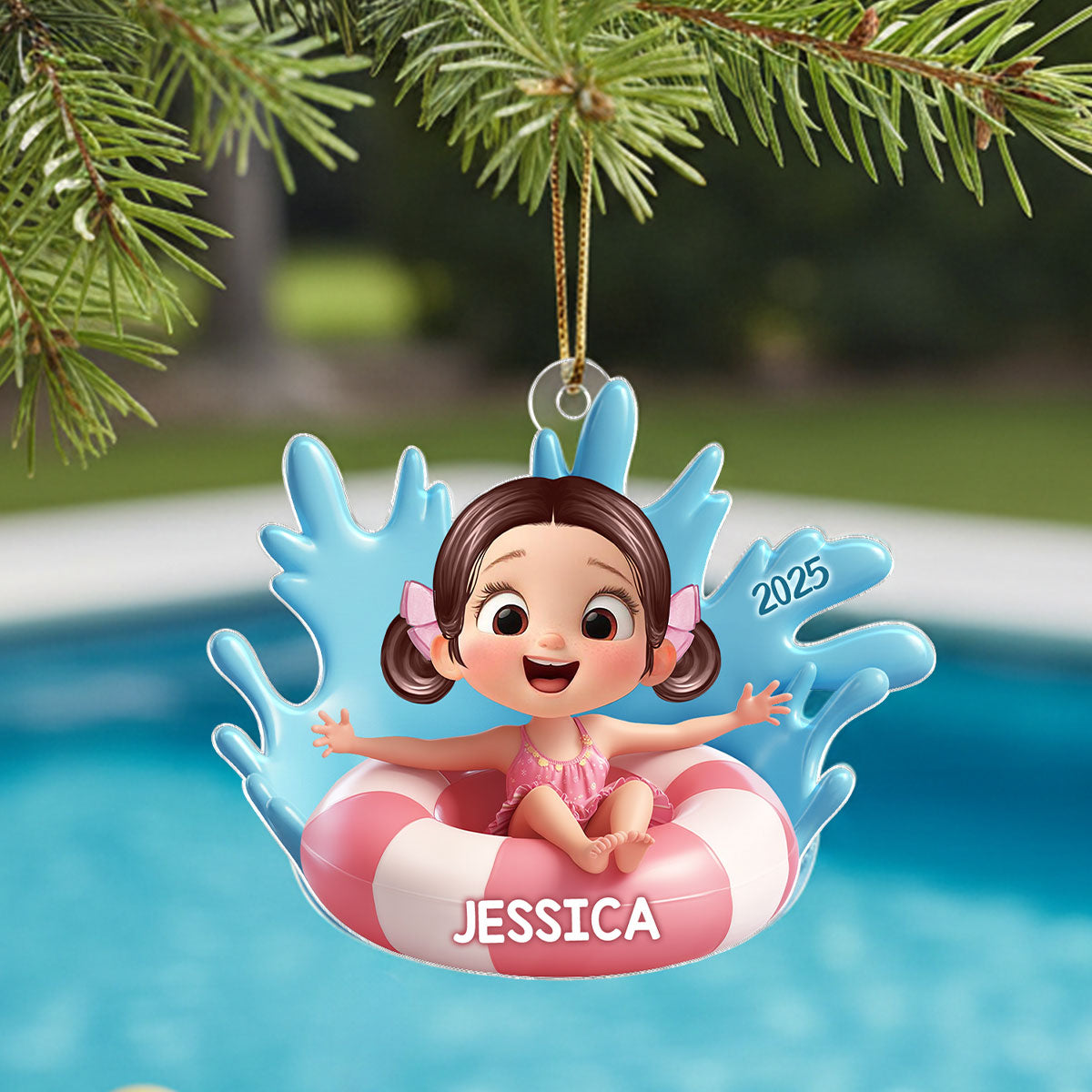 Cute Kid On Inner Tube 3D Effect Swimming Pool - Personalized Acrylic Ornament