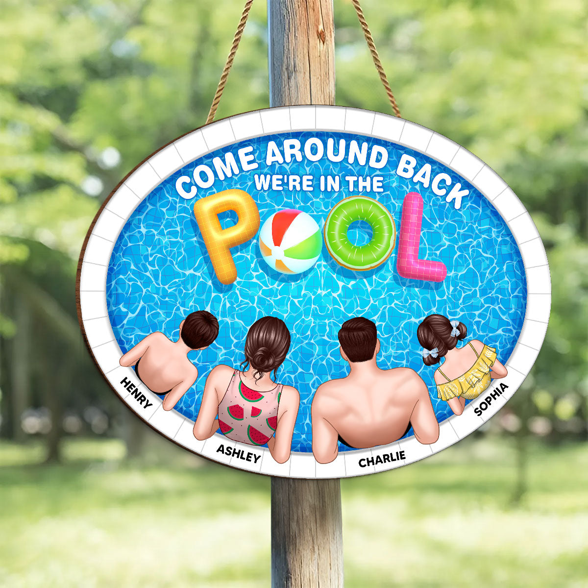 Summer Family In The Pool Personalized Wood Sign