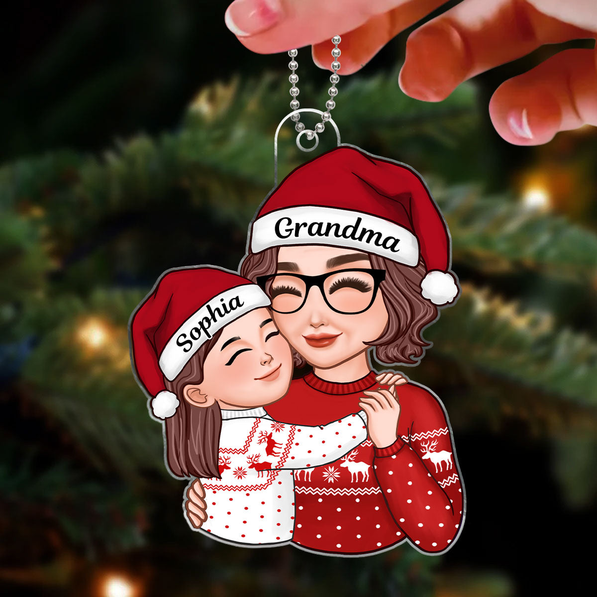 Grandma & Grandkid Hugging Cheek On Cheek Christmas Gift For Granddaughter Grandson Personalized Acrylic Ornament