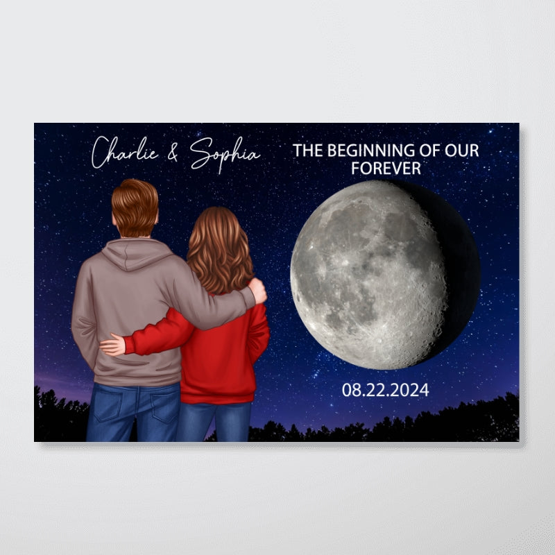Back View Couple Custom Moon Phases The Day We Met Personalized Poster, Heartfelt Gift For Couple, For Him, For Her, Boyfriend, Girlfriend, Husband, Wife