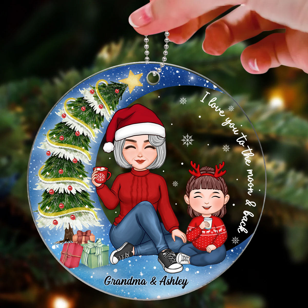 Christmas Tree In Moon Cute Grandma & Grandkid Sitting Personalized Acrylic Ornament