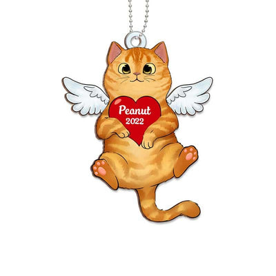 Fluffy Cat Memorial Angel Wings Personalized Wooden Ornament