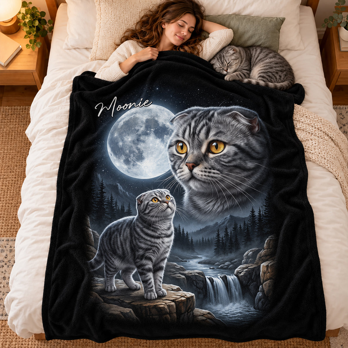 Cat Howling to the Moon Custom Pet Photo - Personalized Fleece Blanket - Halloween Gift for Cat Lovers