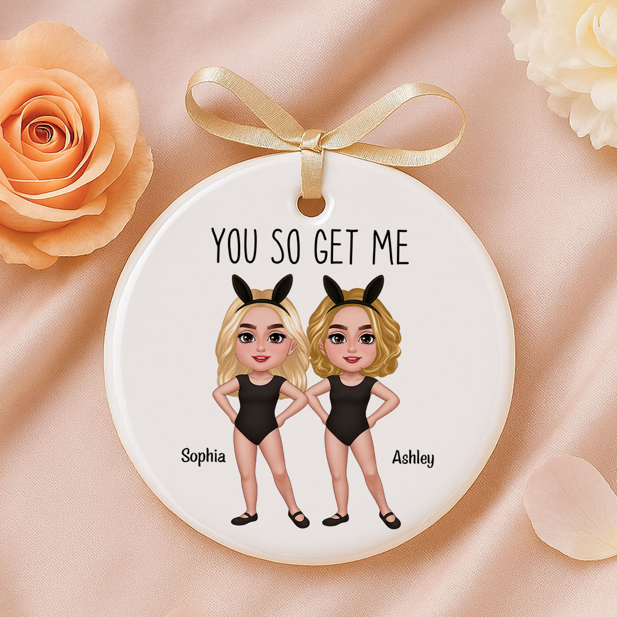 Besties Sisters With Bunny Ears Personalized Circle Ceramic Ornament, Funny Gift for Besties, Friends