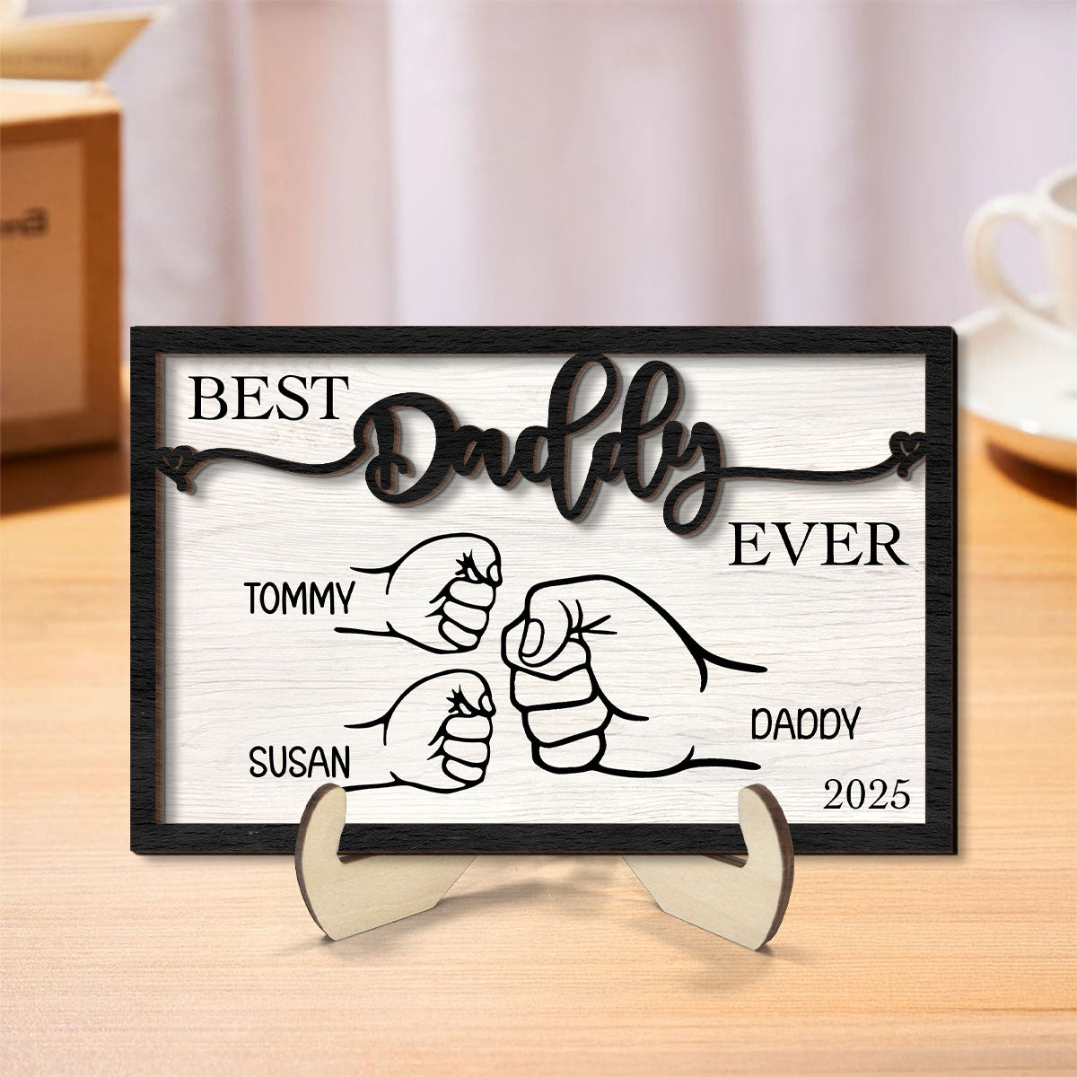 Personalized Father's Day Gift, Fist Bump Dad and Kids 2-Layer Wooden Plaque