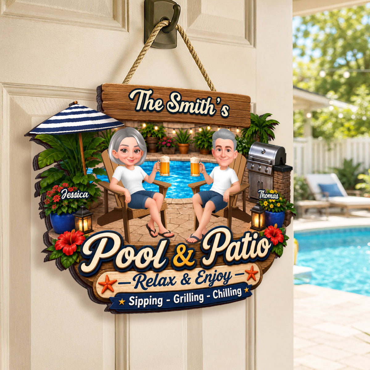 Welcome To Our Pool & Patio - Personalized Wood Sign - Gift For Couple, Summer Outdoor Patio Pool Decoration