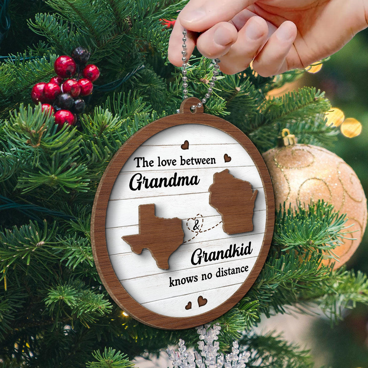 Grandkids Long Distance State Map Personalized 2-Layer Wooden Ornament, Christmas Gift For Grandma