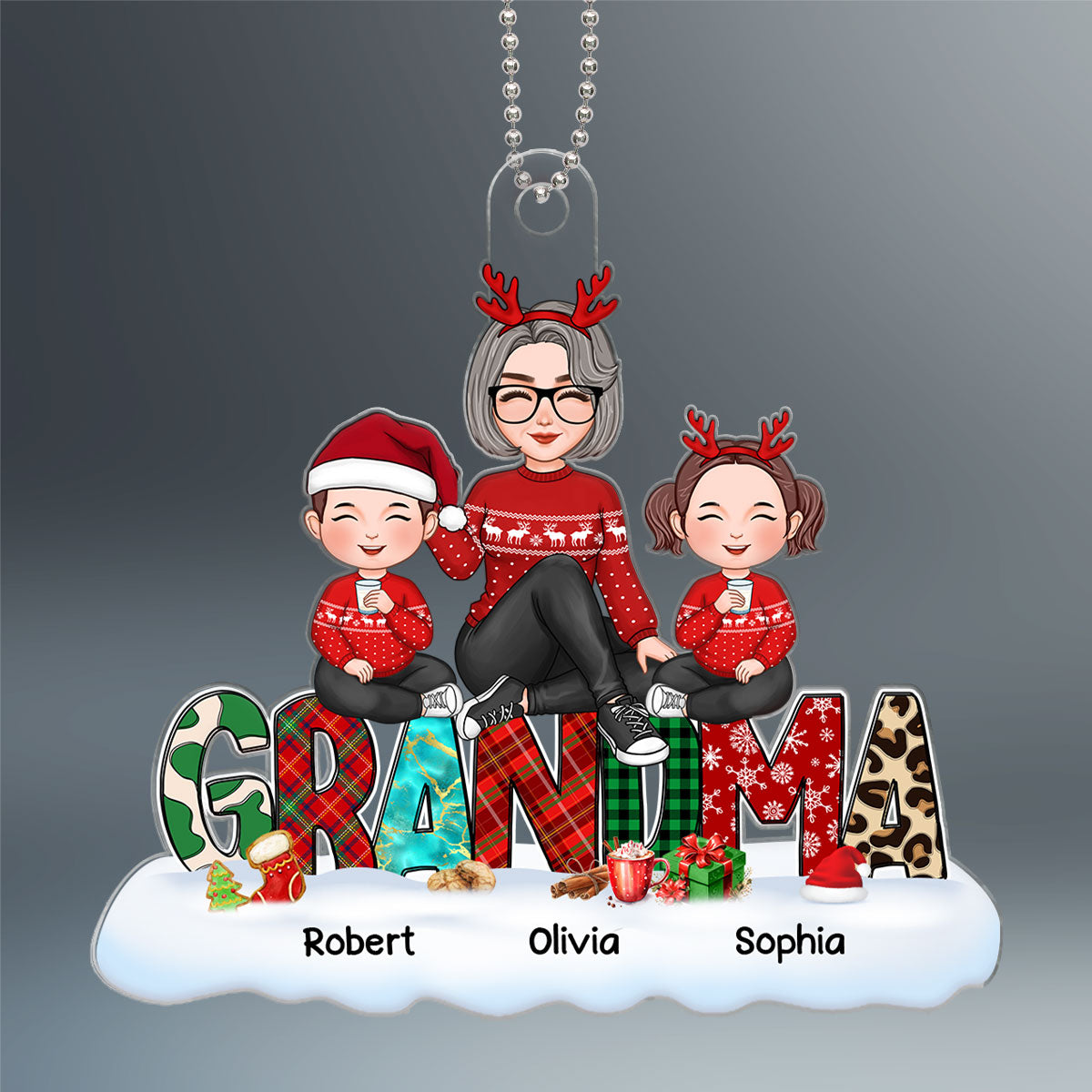 Grandma Grandkids Sitting On Words Christmas Pattern Personalized Acrylic Ornament