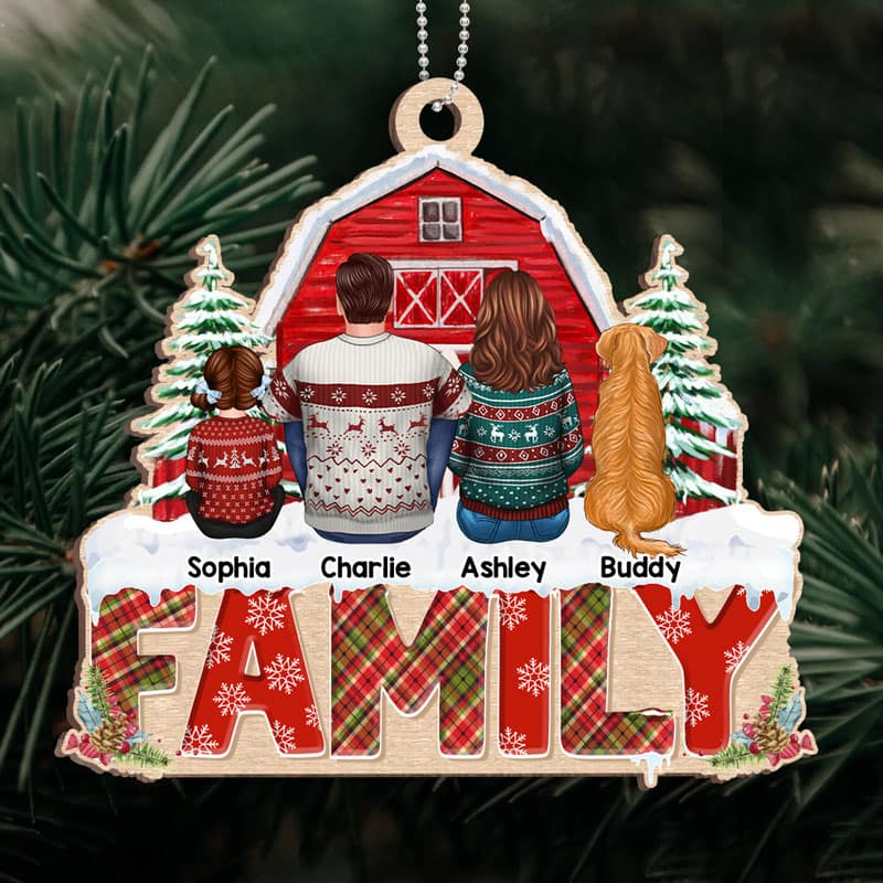 Family Back View Kid Dog Cat Sitting On Word Personalized Wooden Ornament