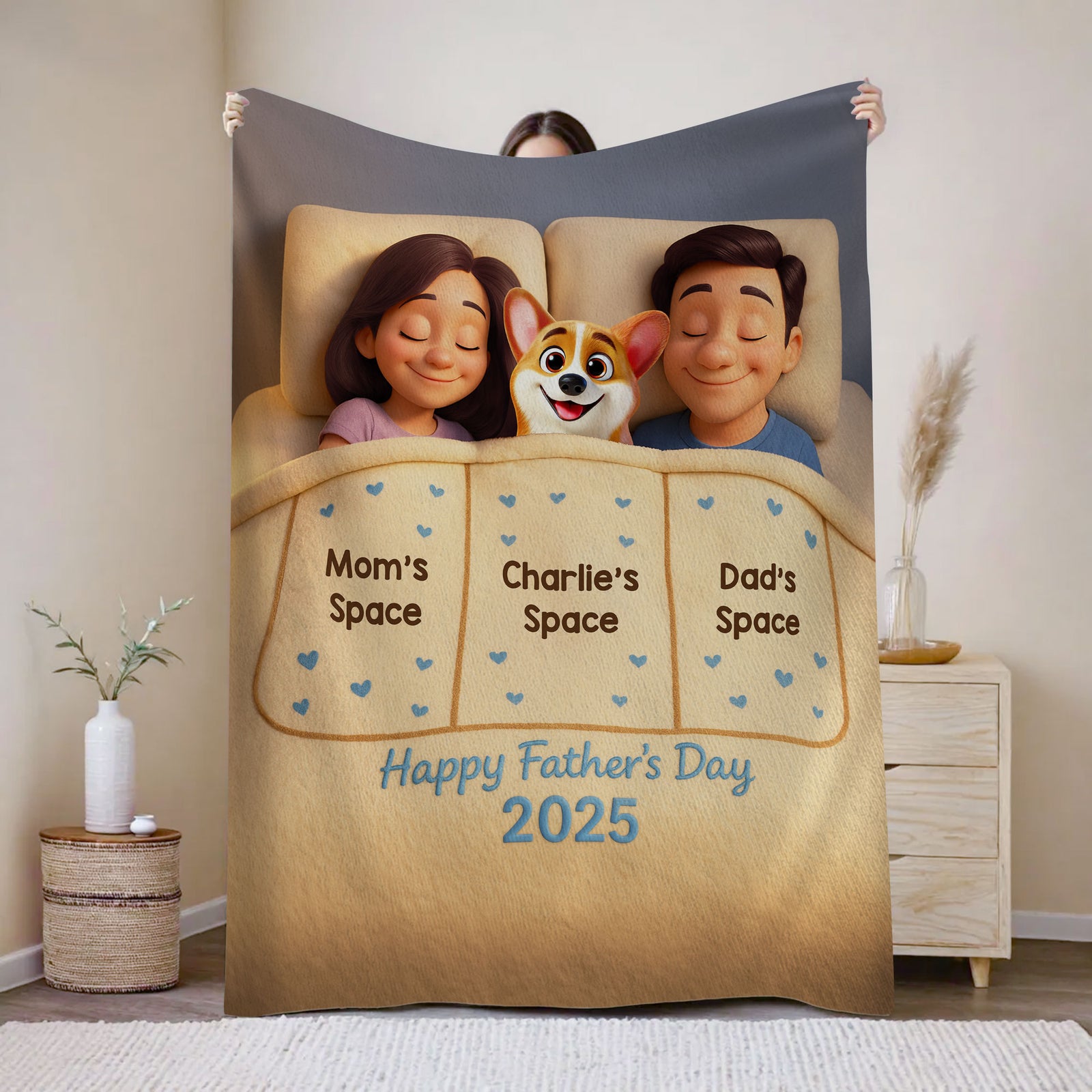 Funny Cute Cartoon Dogs In Bed Personalized Fleece Blanket, Father's Day Gift for Dog Dads
