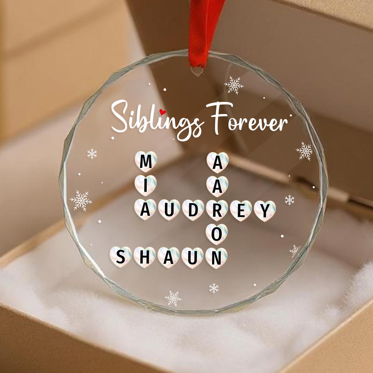Siblings Forever Unique Gift For Brothers Sister Heart Crossword Puzzle Art Personalized Glass Ornament, Christmas Keepsake