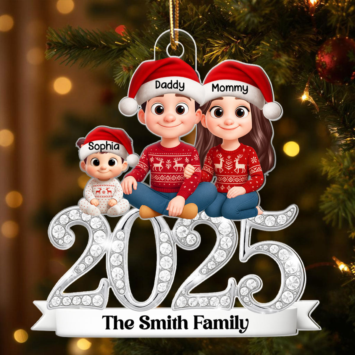 3D Shining Effect 2025 Family Sitting - Personalized Acrylic Ornament - Christmas Gift for Family