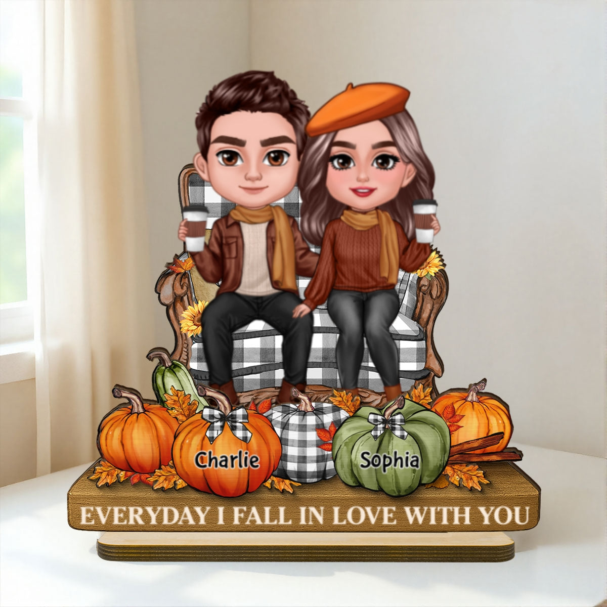 3D Effect Fall Season Couple Sitting Pumpkins Personalized 2-Layer Standing Wooden Plaque