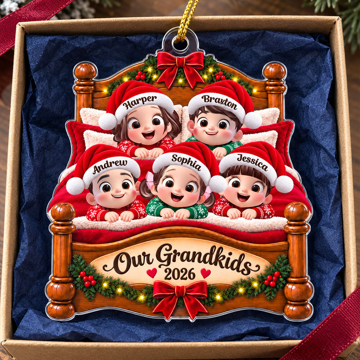 Our Grandkids Christmas Bed 2D Flat - Personalized Acrylic Ornament - Grandchildren Keepsake Gift for Grandma & Grandpa