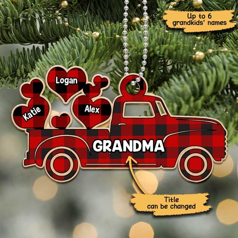 Grandma Red Truck Grandkids Sweetheart Christmas Personalized Wooden Ornament