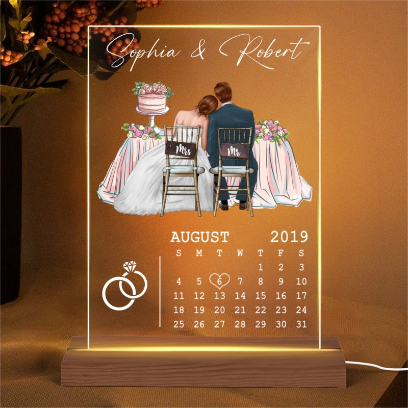 Newlywed Couple Sitting Personalized Acrylic Plaque LED Night Light - Wedding Anniversary Gift For Couple - Gift For Him - Gift For Her