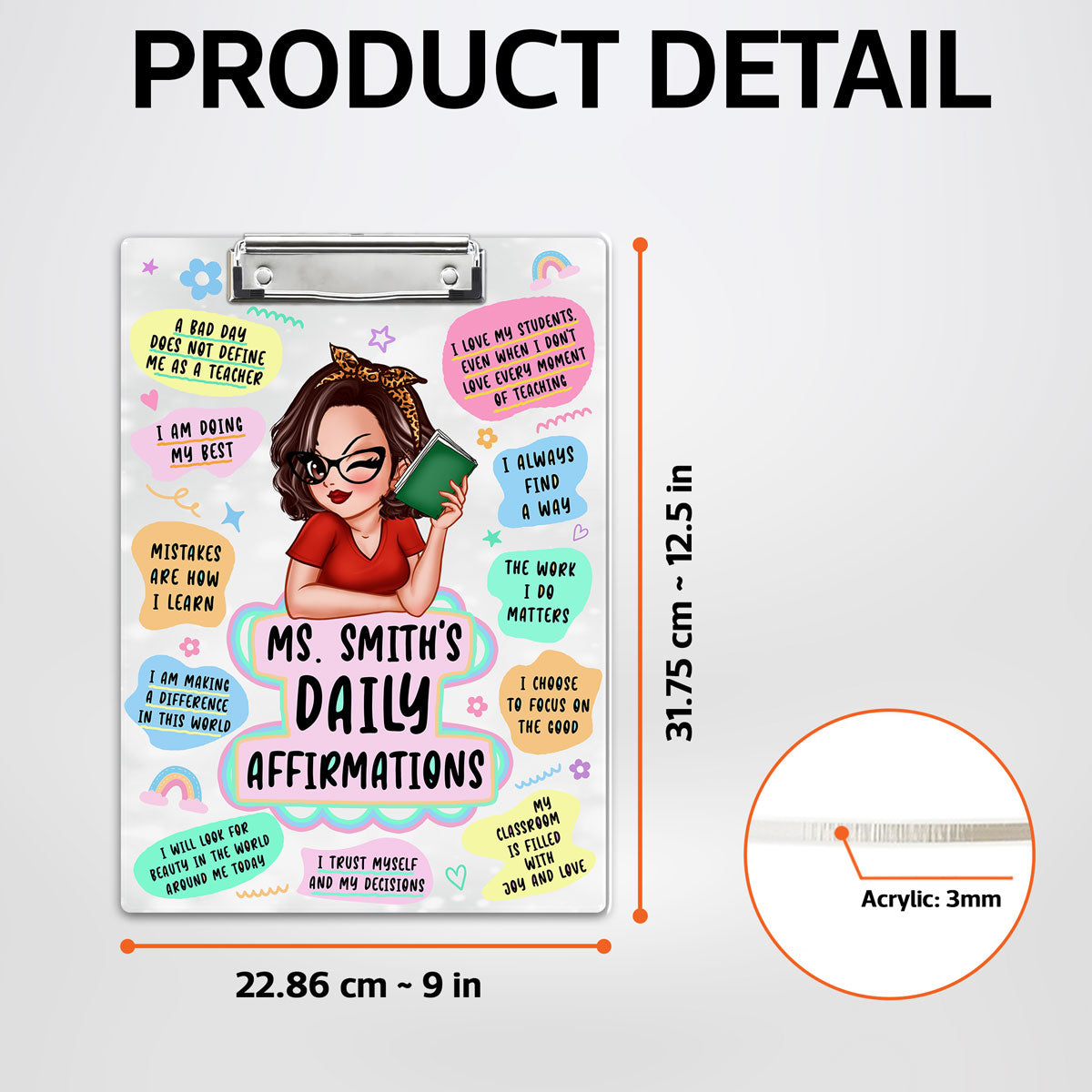 Teacher Daily Affirmations Colorful Teacher Appreciation Gift Personalized Clipboard