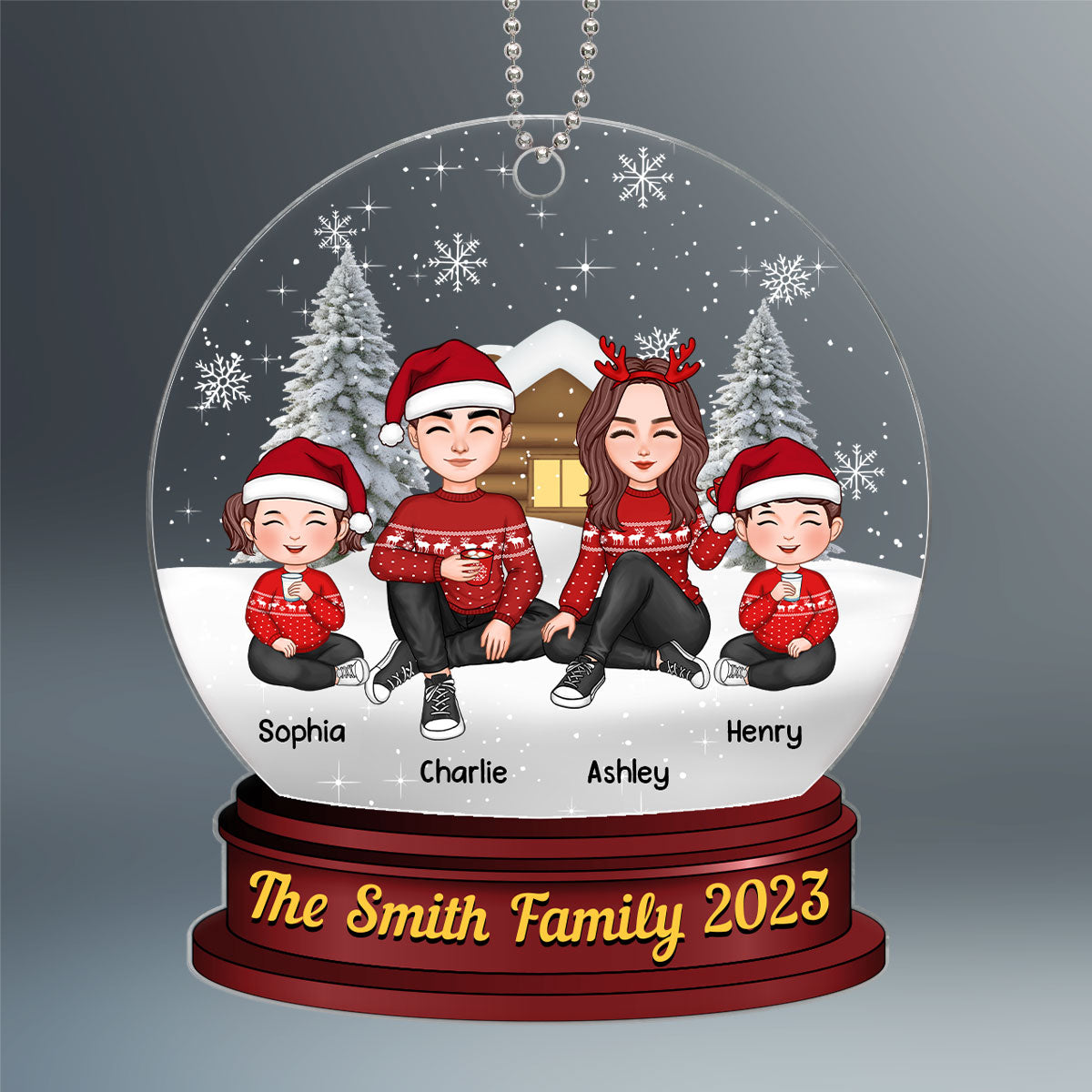 Family Sitting In Snow Globe Christmas Personalized Acrylic Ornament