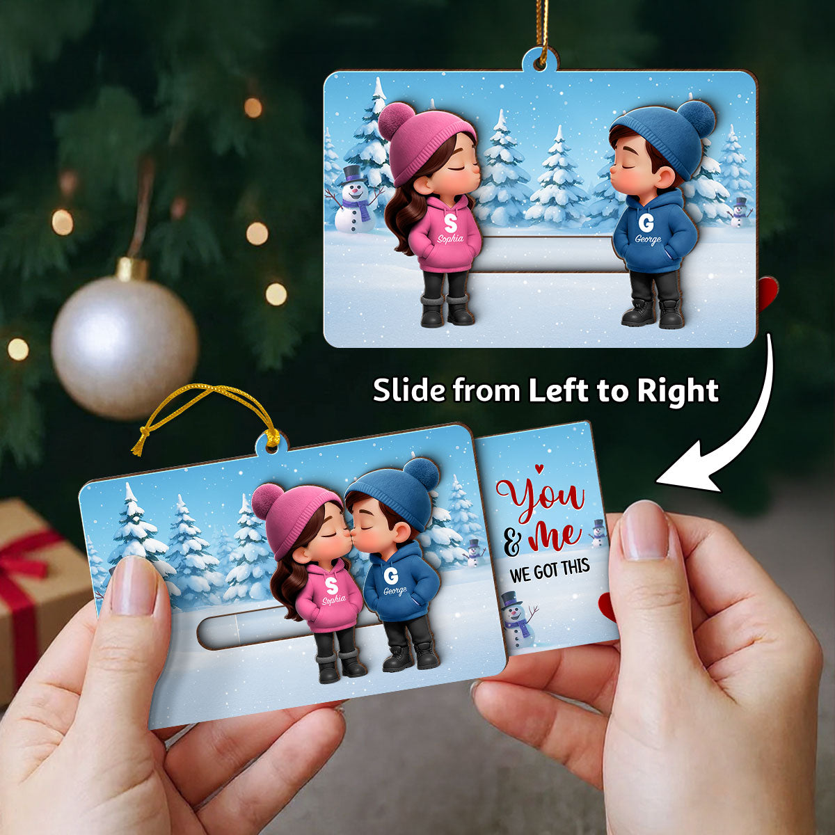 3D Effect Cartoon Couple Kissing - Personalized Slider Ornament - Christmas Gift For Him For Her