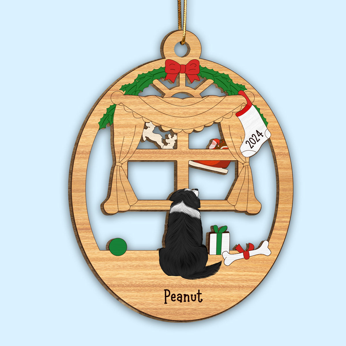 Christmas Dogs Sitting By The Window Personalized Wooden Ornament