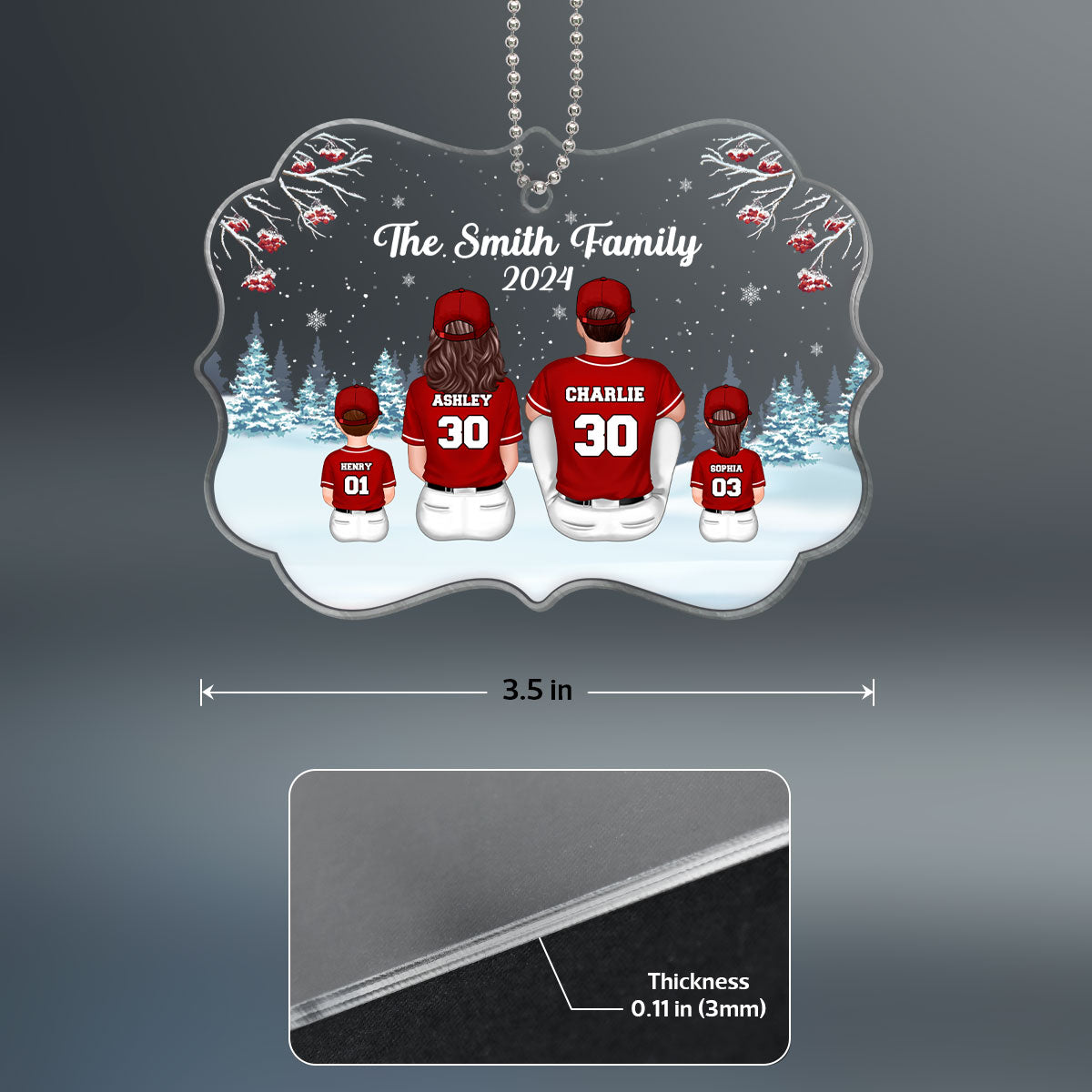 Baseball Family Sitting In Snow Personalized Acrylic Ornament, Christmas Gift