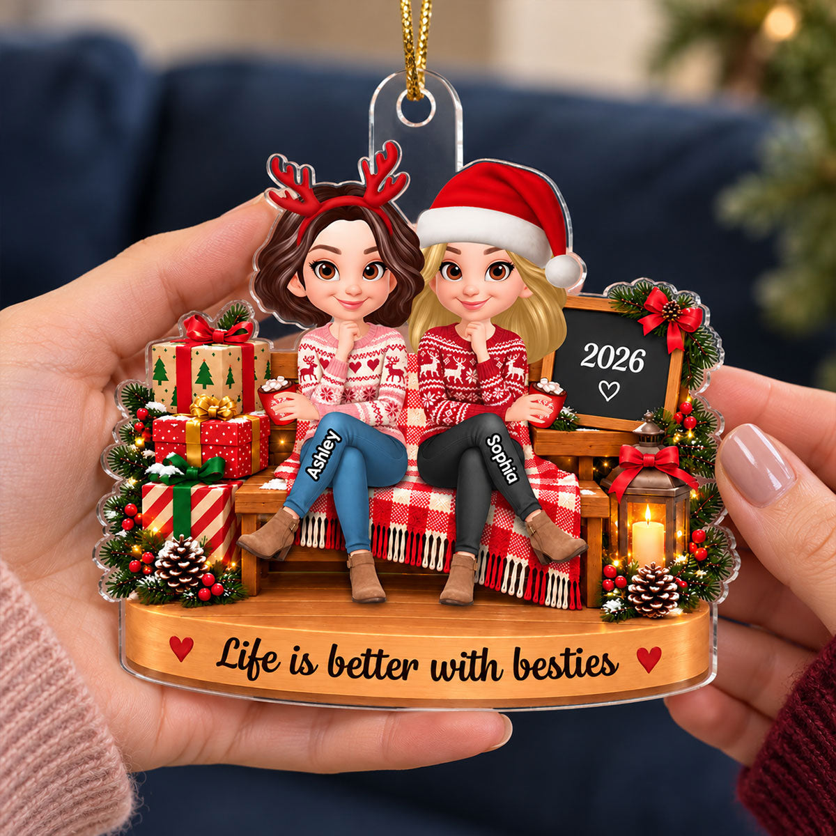 Christmas Besties Cozy Bench 2D Flat - Personalized Acrylic Ornament - Christmas Gift For Besties, Sisters