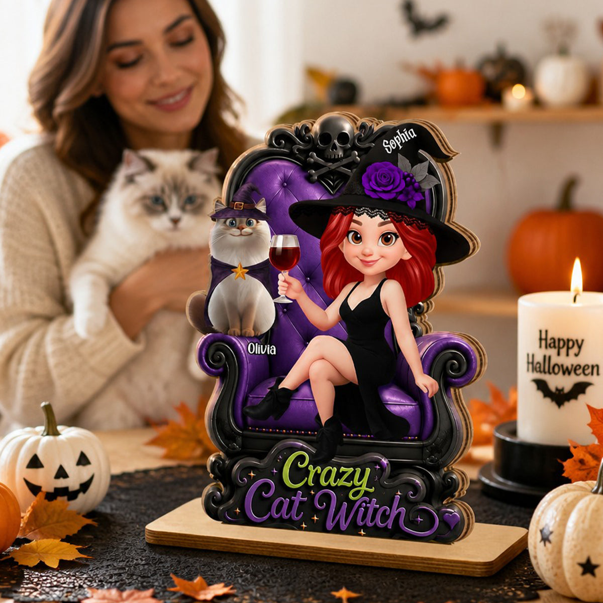 Crazy Cat Witch Halloween - Personalized 2-Layered Wooden Plaque - Halloween Decor for Cat Lovers