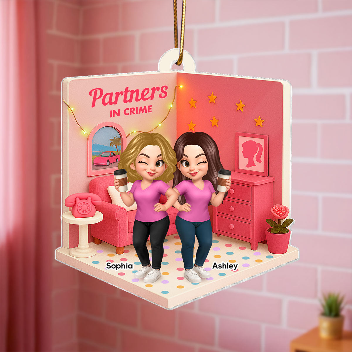 Pink Besties Sisters 3D Effect In House Personalized Acrylic Ornament