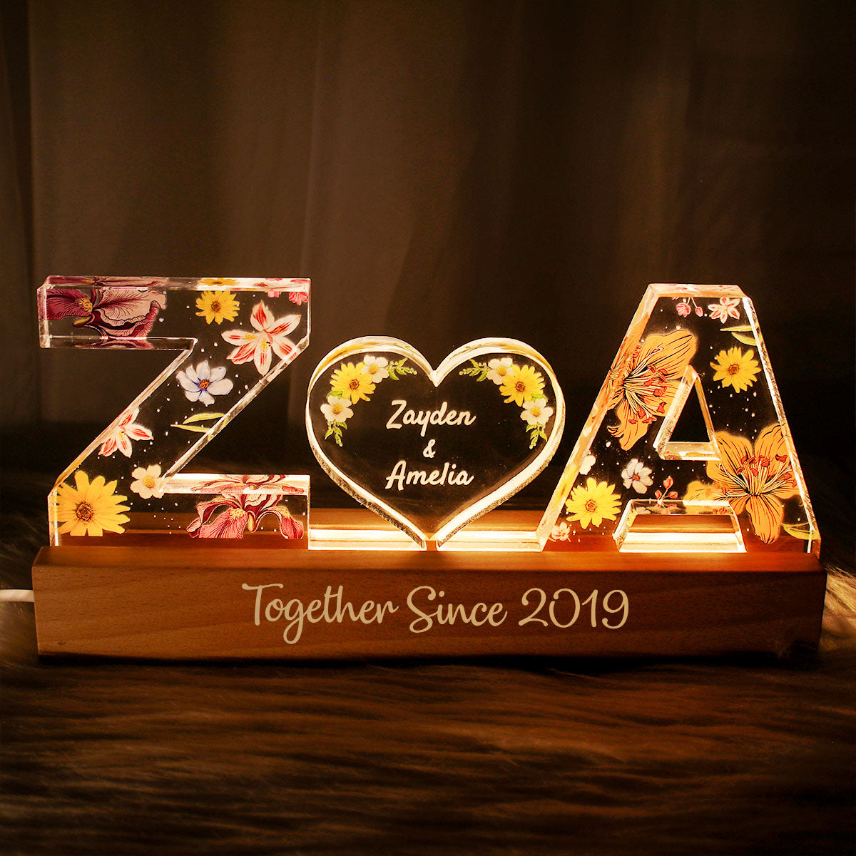 Couple Initial Letter, Flower Birth Month, Personalized LED Night Light, Romantic  Gift for her, Gift for him