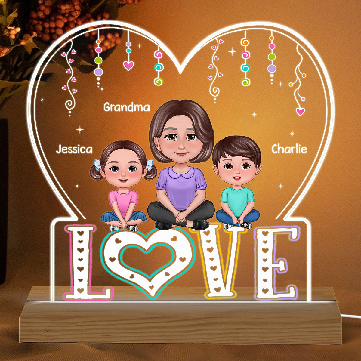 LOVE Pretty Woman Sitting With Kids On Word Personalized Custom Shaped Acrylic Plaque With Warm LED Night Light