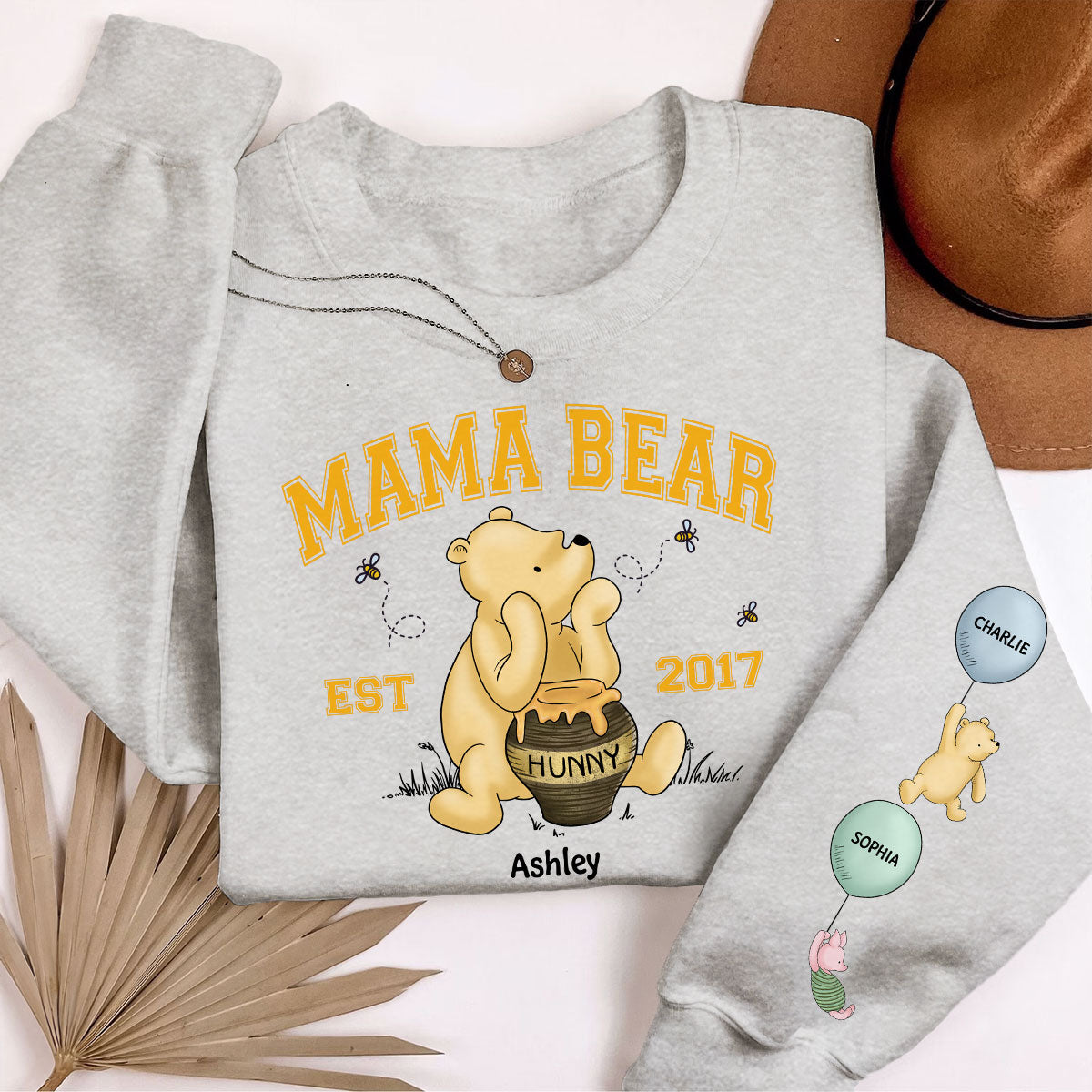 Mama Bear Est. Cute Characters With Balloon Personalized Sleeve Printed Sweatshirt