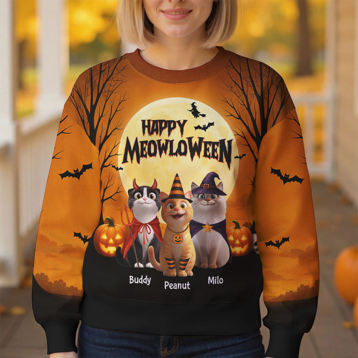 Happy Meowloween Personalized 3D Sweatshirt, Halloween Costume for Cat Lovers