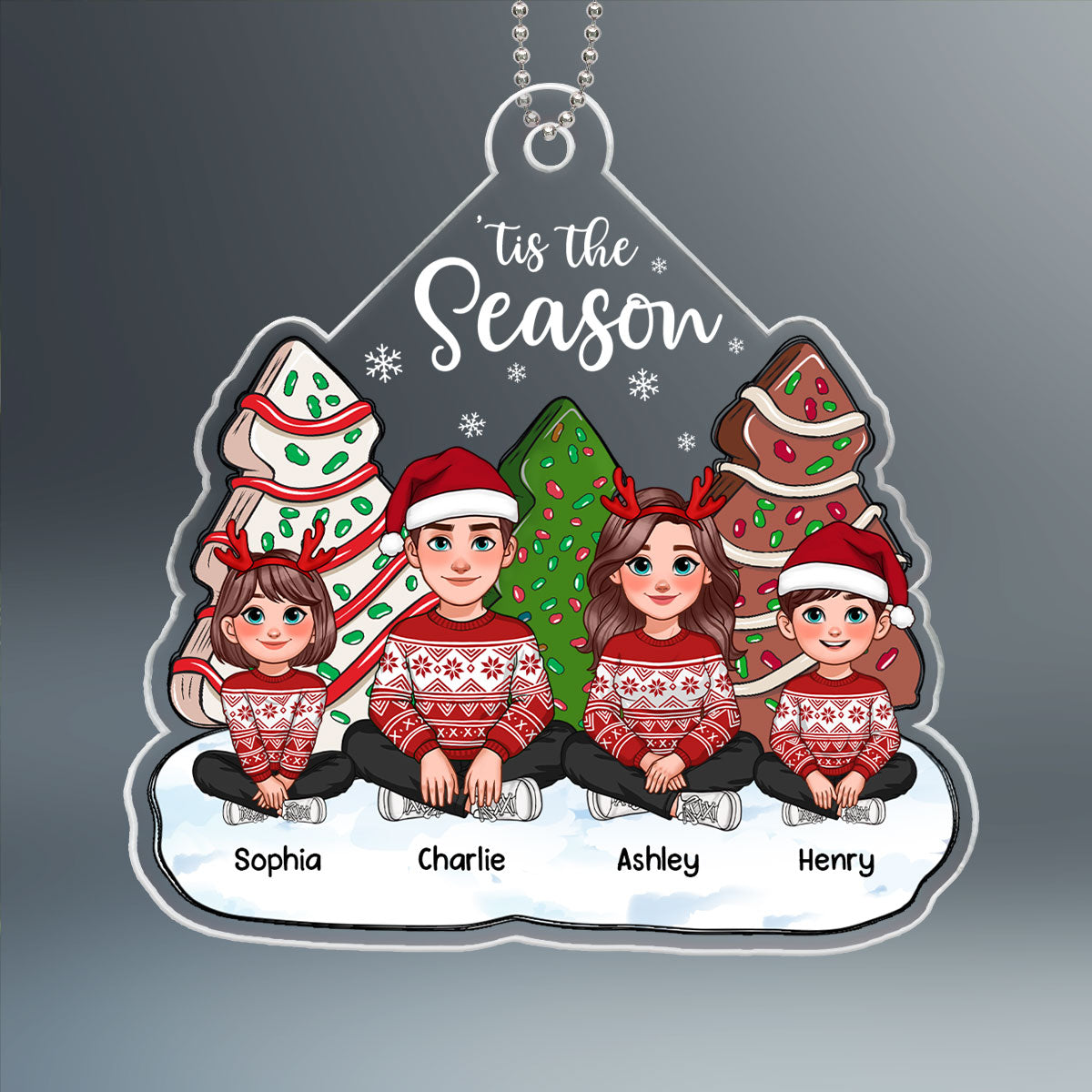 Tis The Season Animated Family Sitting By Christmas Tree Cake Personalized Acrylic Ornament