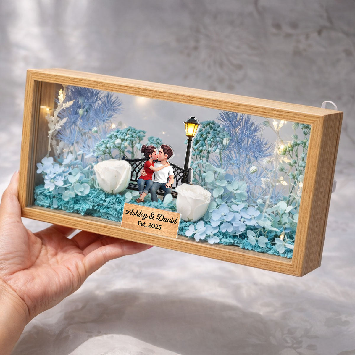 Eternal Love Couple Sitting Kissing - Personalized DIY Flower Shadow Box LED Night Light - Gift For Couple, For Him, For Her