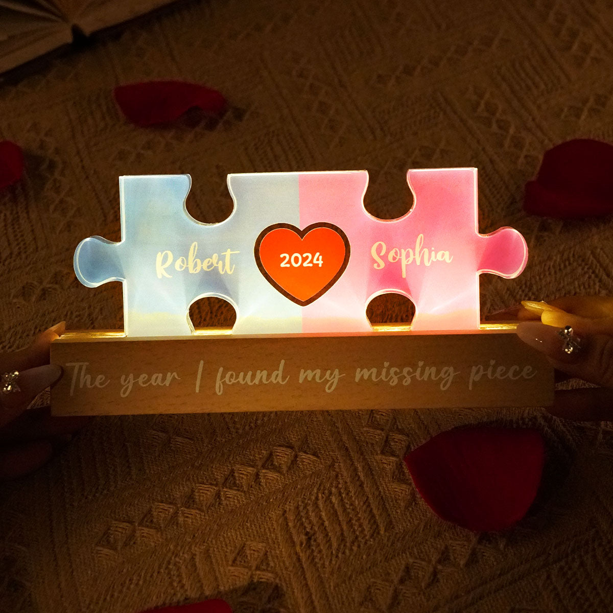 Love Is The Piece That Holds Us Together Couple Name Puzzle LED Night Light, Personalized Romantic Home Bedroom Decor For Couples,   Gifts For Her, For Him