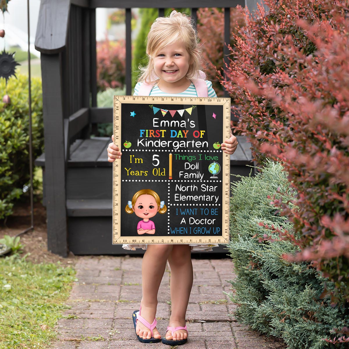 Adorable Kid First Day Of School Personalized Board Sign, Editable, Reusable Back To School Sign