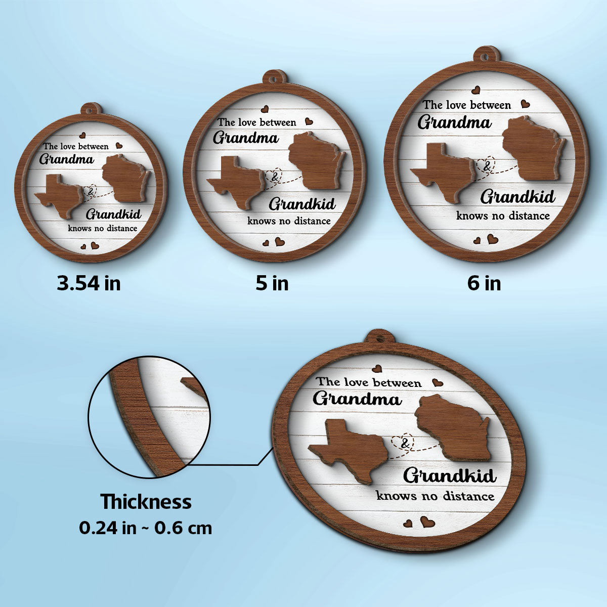 Grandkids Long Distance State Map Personalized 2-Layer Wooden Ornament, Christmas Gift For Grandma