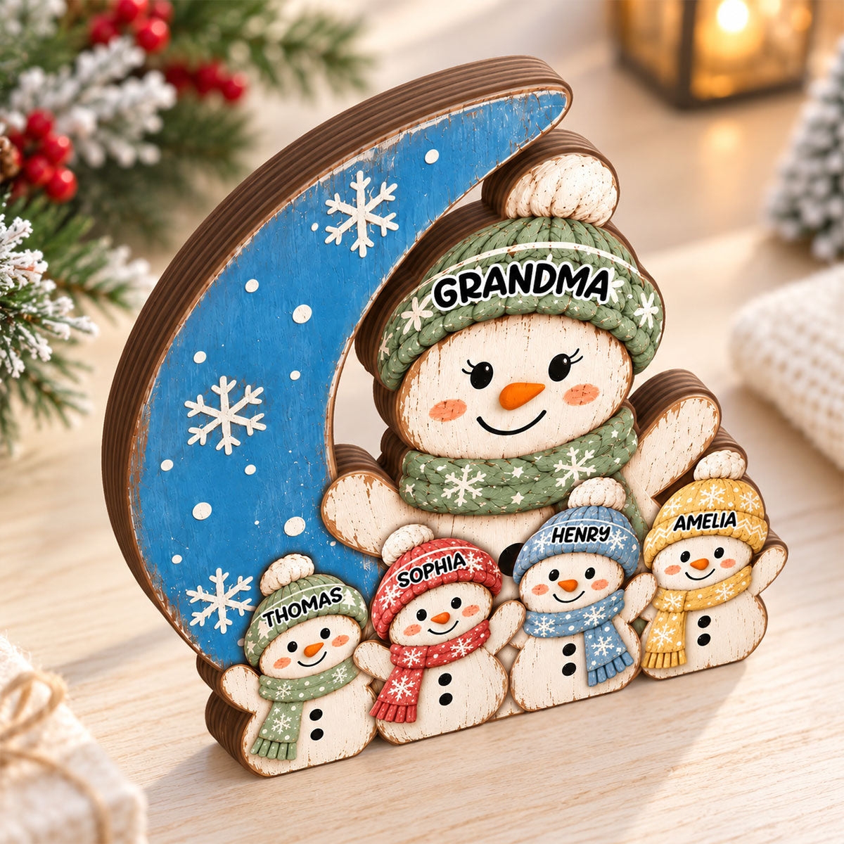 Cozy Rustic Christmas Vibe Grandma Grandkids On Moon - Personalized Wooden Block Plaque - Christmas Decor For Grandparents