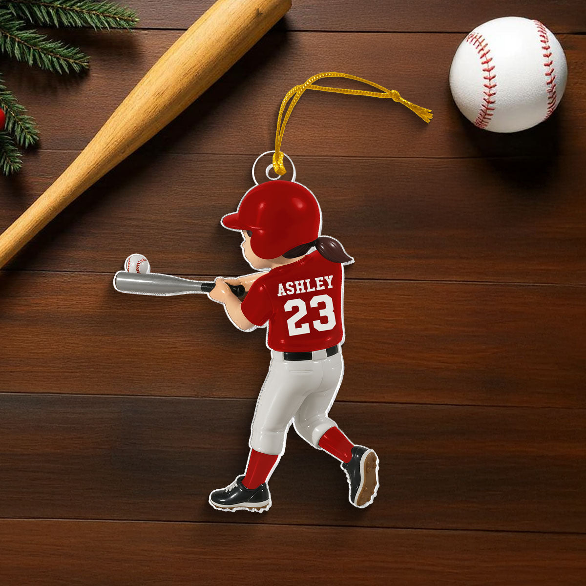 Personalized Baseball Player Ornament – Kid Hitting Ball, 3D Effect Acrylic Flat Ornament