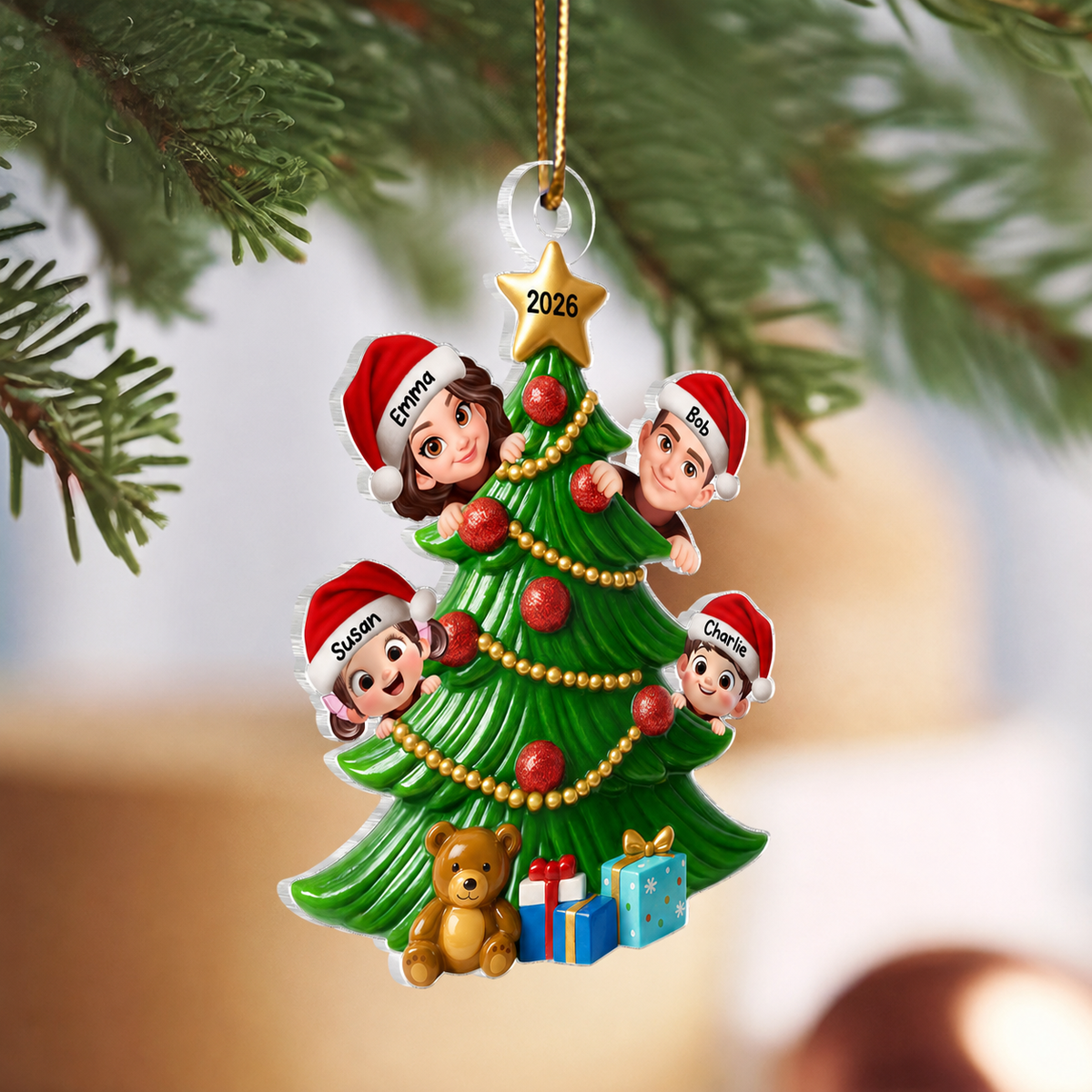 Family Peeking on Christmas Tree Personalized Acrylic Ornament, 2026 Thoughtful Christmas Gift for Family, Husband, Wife