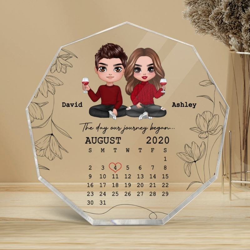 Doll Couple Sitting The Day Journey Began Personalized Acrylic Nonagon Plaque - Calendar Anniversary Gift For Couple - Gift For Him Gift For Her