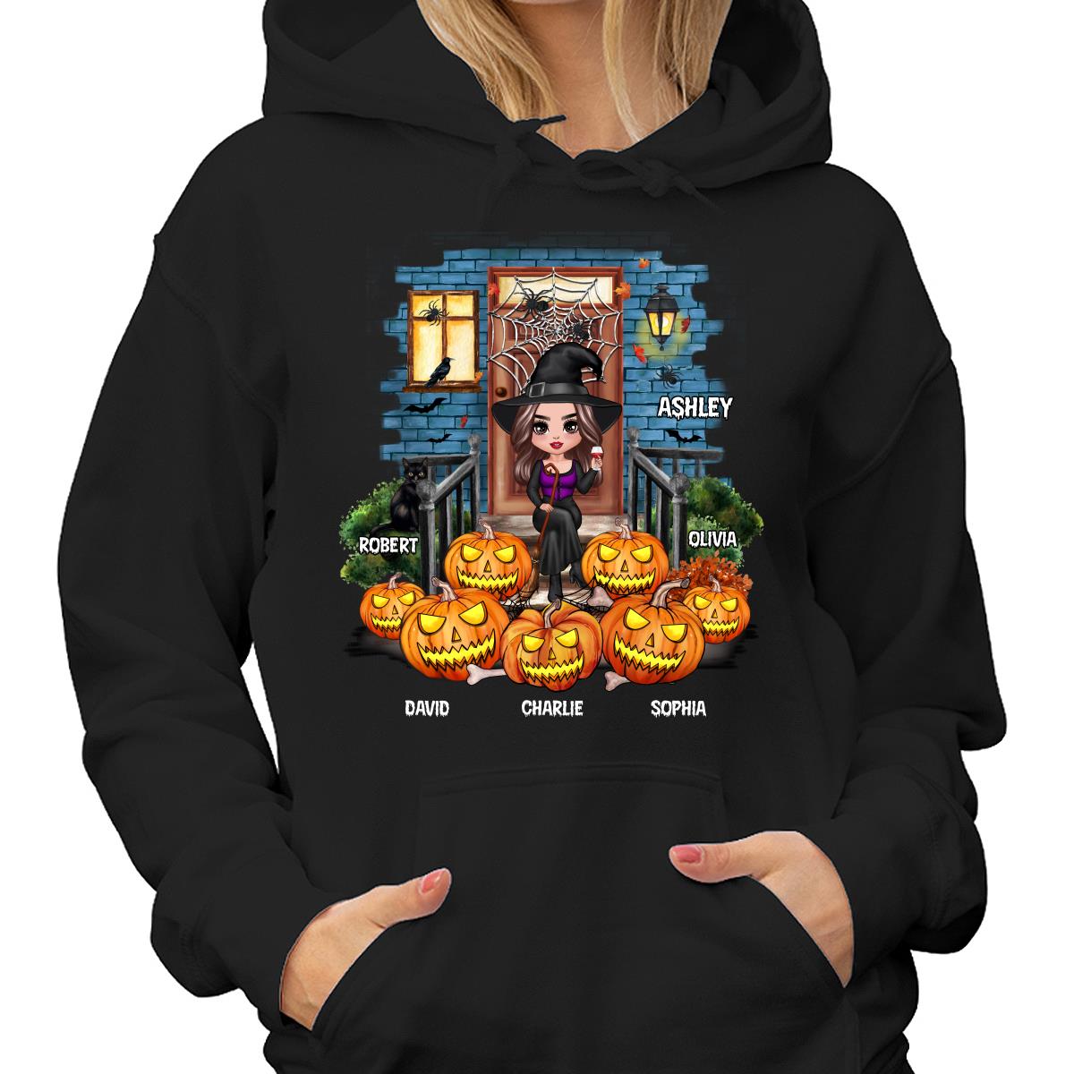 Grandma Mom Halloween Pumpkins Front Porch Personalized Shirt