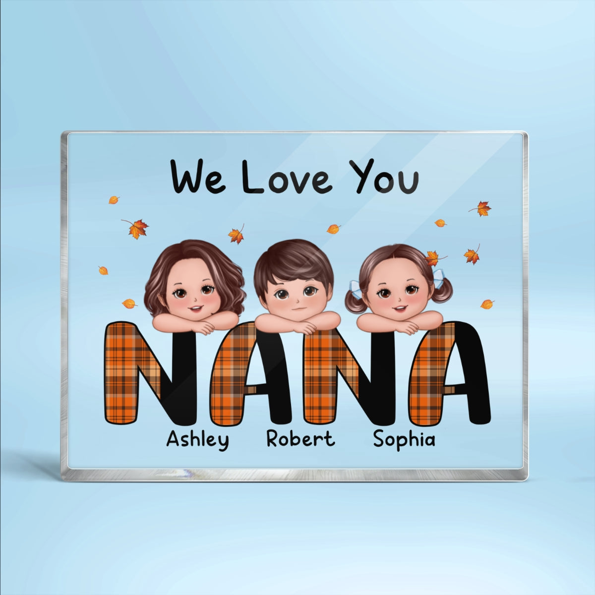 We Love You Grandma Mom Plaid Pattern Kids On Hand Fall Season Personalized Horizontal Rectangle Acrylic Plaque Block
