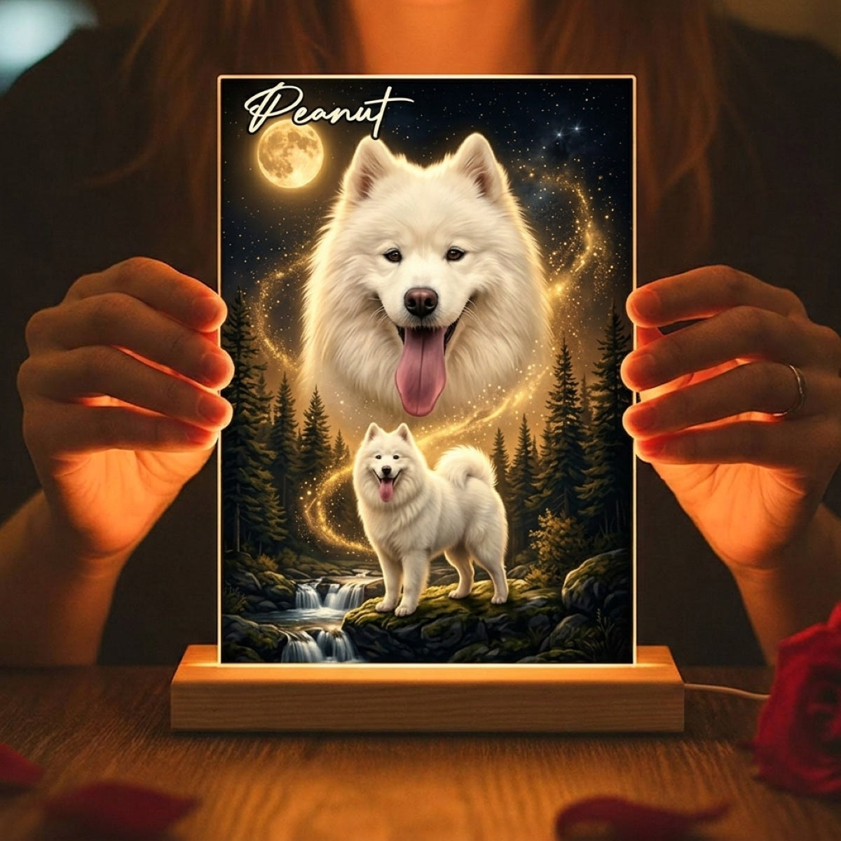 Dog Howling to the Moon - Personalized Acrylic Plaque LED Night Light - Gift for Dog, Cat Lovers, Pet Memorial Gift