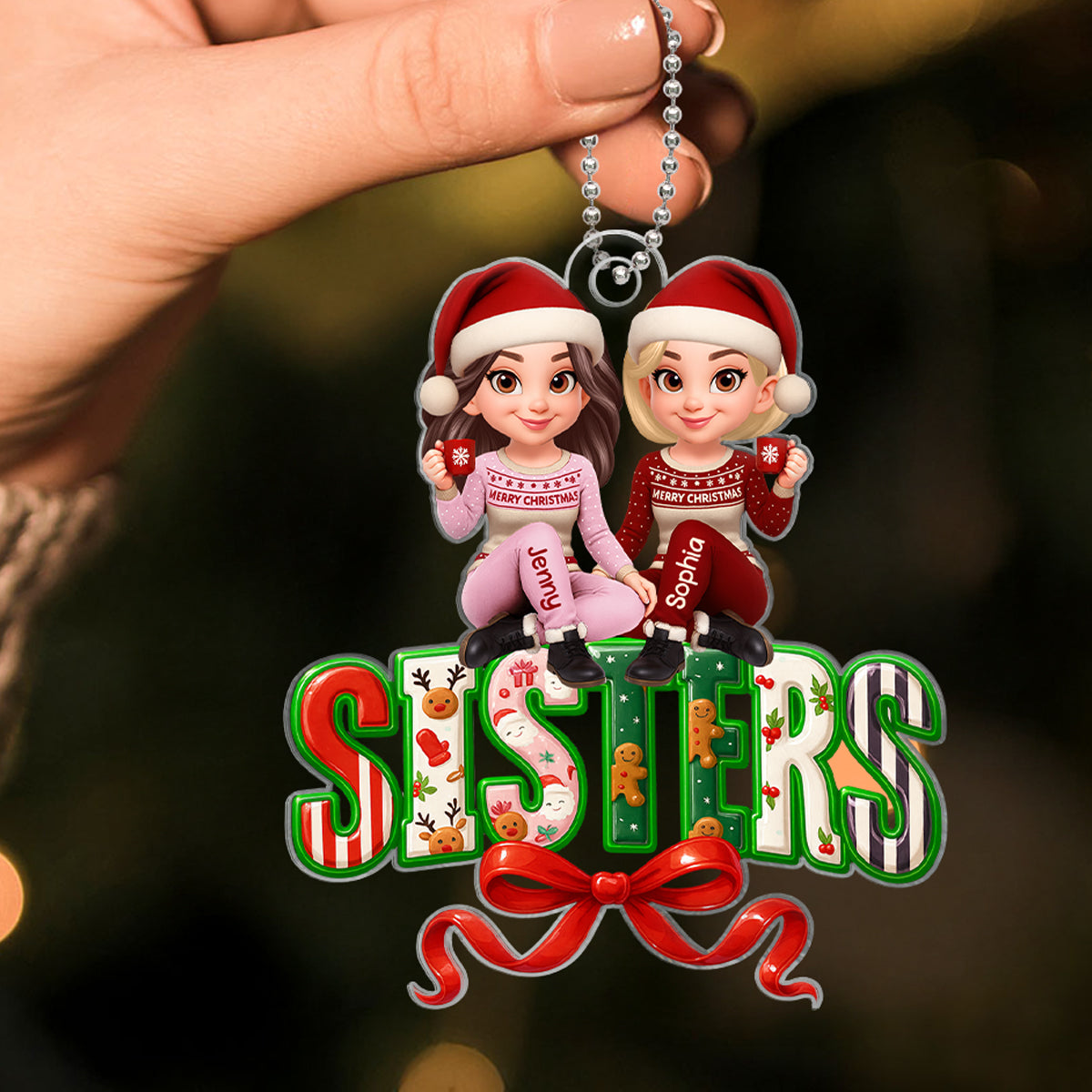 Besties Sisters Sitting on Text Personalized Acrylic Ornament, Christmas Gift for Best Friends, Sisters