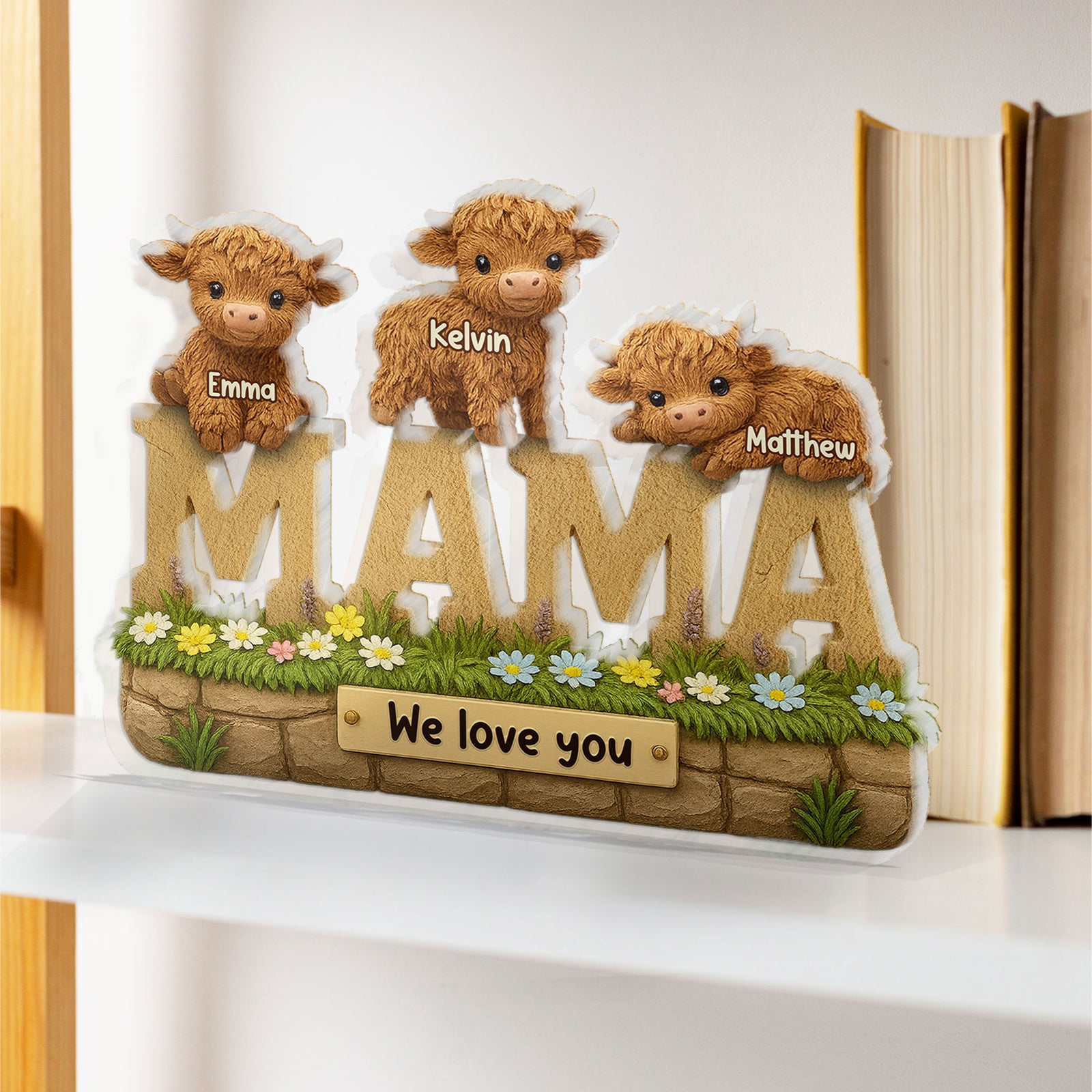 3D Effect Mama Cute Highland Cow Kids Names Personalized Flat Acrylic Block Plaque, Gift For Mom, Grandma