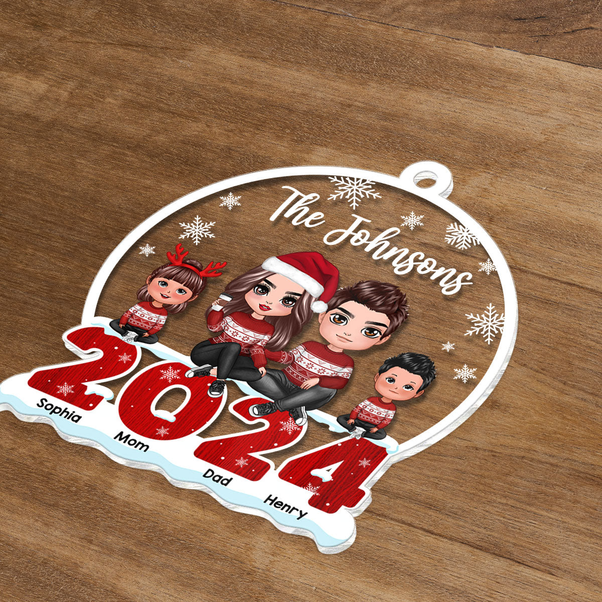 Doll Family Sitting On 2024 Snow Christmas Personalized Acrylic Ornament