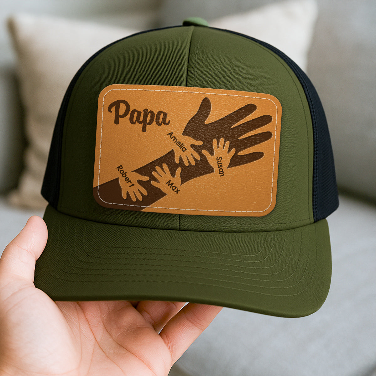 Dad Grandpa Kids Hands Personalized Leather Patch Hat, Father's Day gift