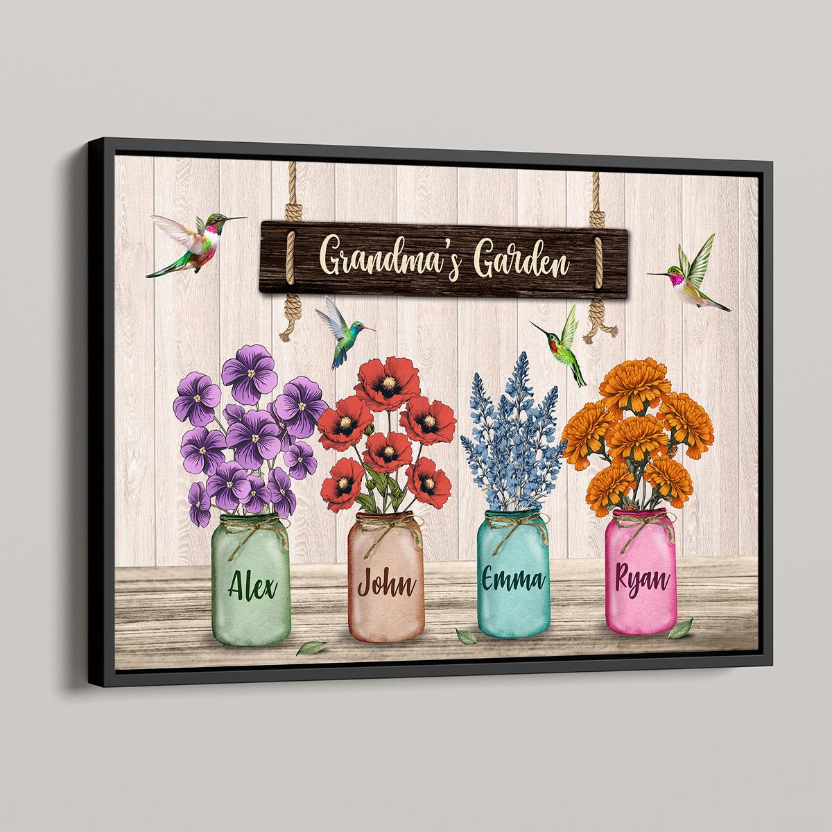 Hummingbird Custom Birth Month Flowers Grandma‘s Garden Personalized Horizontal Poster