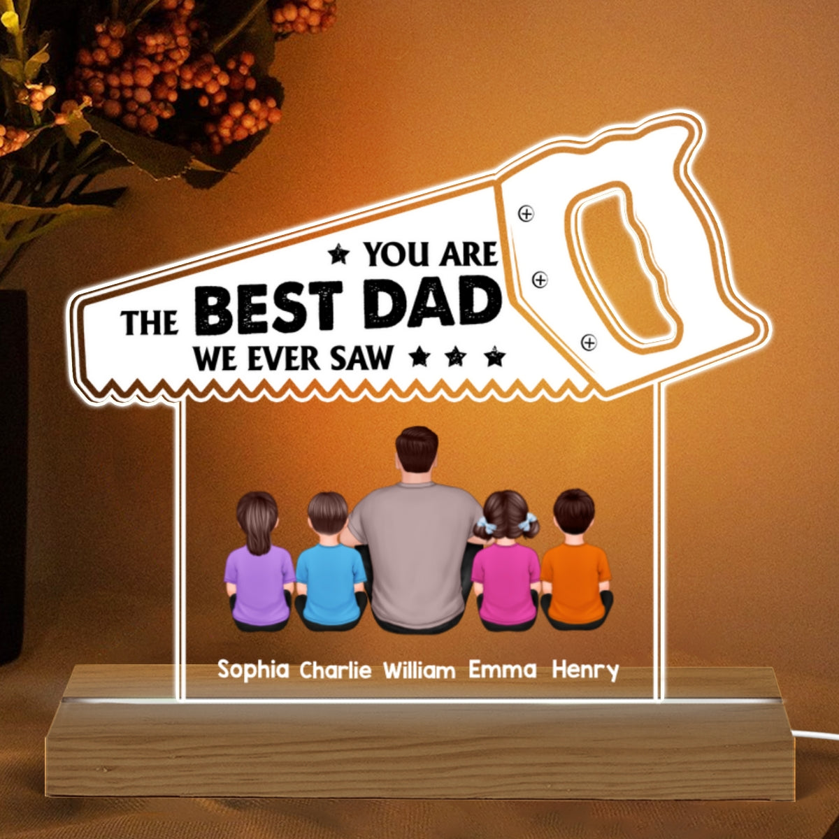 Best Dad We Ever Saw Back View Man Kids Dog Cat Father‘s Day Gift Personalized Warm Custom Shape Acrylic Plaque LED Night Light